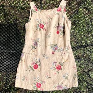 Vintage floral linen mini dress pockets size 4 small retro summer vacation dress